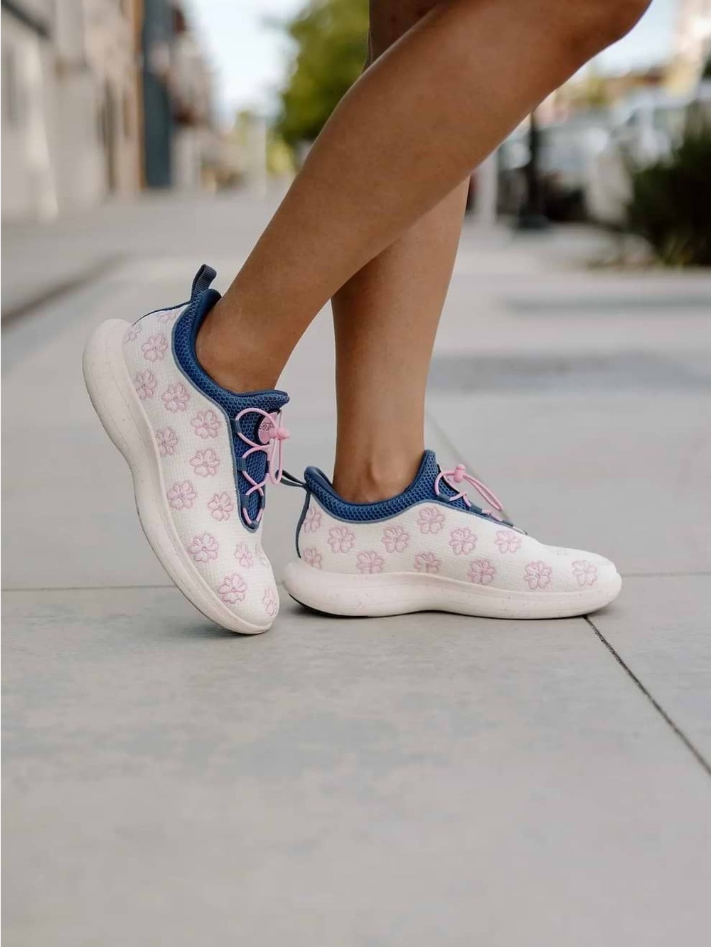 Women's Floral Knit Slip-On Athletic Sneakers in Pink and Navy Trim